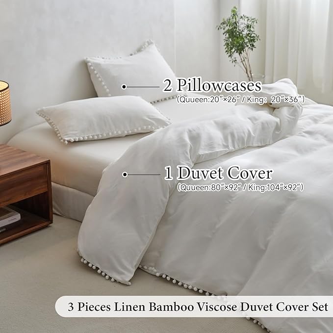 Simple&Opulence French Linen Blended Duvet Cover King, Flax Viscose Derived from Bamboo Bedding Set with Pom Pom Trim Soft Cooling for Hot Sleepers, 1 Boho Comforter Cover and 2 Pillow Shams, White