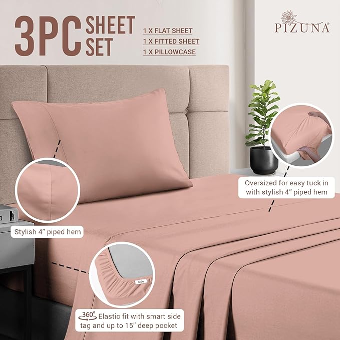 Pizuna Pure 100% Cotton Sheet Set Twin, Luxurious 400 Thread Count Long Staple Cotton Sateen Sheets Twin with 15" Deep Pocket (Misty Rose)