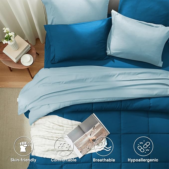 Anluoer King Comforter Set,Teal&Light Blue Bed in a Bag 7 Piece,Lightweight Bedding Set with Soft Down Alternative Fill,Bed Set Includes Comforter, Fitted Sheet, Flat Sheet,Pillowcases and Shams