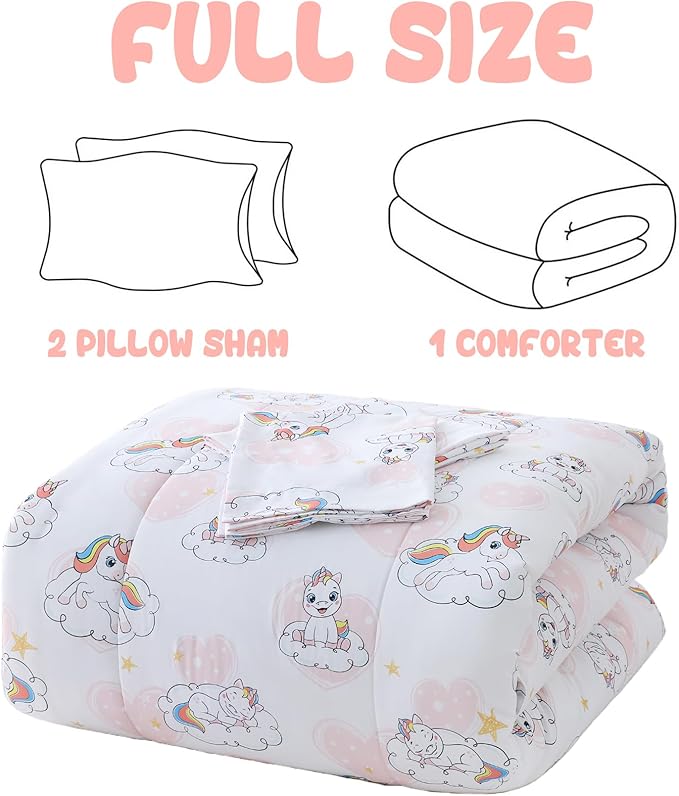 Yibeizi Full Size Bed Comforter Set, Kids Unicorn Pattern Lightweight All-Season Comforter Set Cute Pink Heart Microfiber Breathable Hypoallergenic Soft Oeko-Tex Bedding Comforter Sets