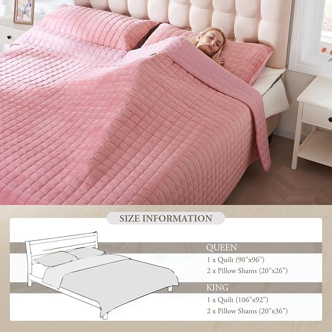 Luxury Velvet Quilt Set King Size, Comforter Set with Pillow Shams, Soft Lightweight Bedspread Coverlet Bedding Sets for All Seasons, Rose Pink