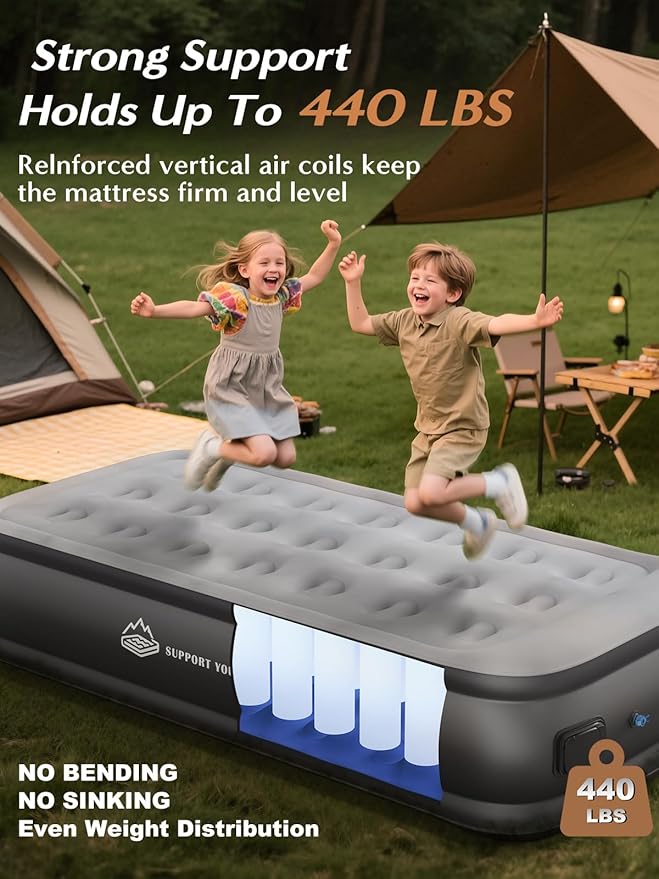 Twin Air Mattress with Built in Pump, 18" Upgraded One-Touch Inflatable Airbed for Home, Camping Guests, Portable Blow Up Mattress, 440lbs Capacity