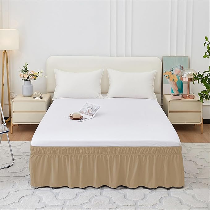 GIBZ Adjustable Wrap Around Ruffled Bed Skirt, Elastic Dust Ruffles Easy Fit Wrinkle & Fade Resistant, Machine Washable, Twin 16" Drop, Khaki