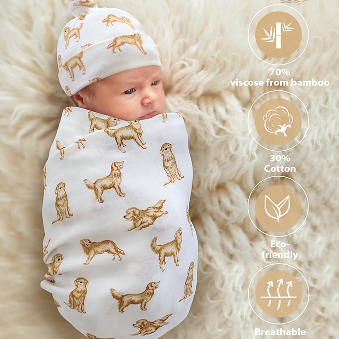 LifeTree Muslin Swaddle Blankets, Muslin Baby Boy Swaddle Blanket and Hat Set with Birth Announcement Card, Newborn Unisex Neutral Receiving Blankets Golden Retriever Pattern