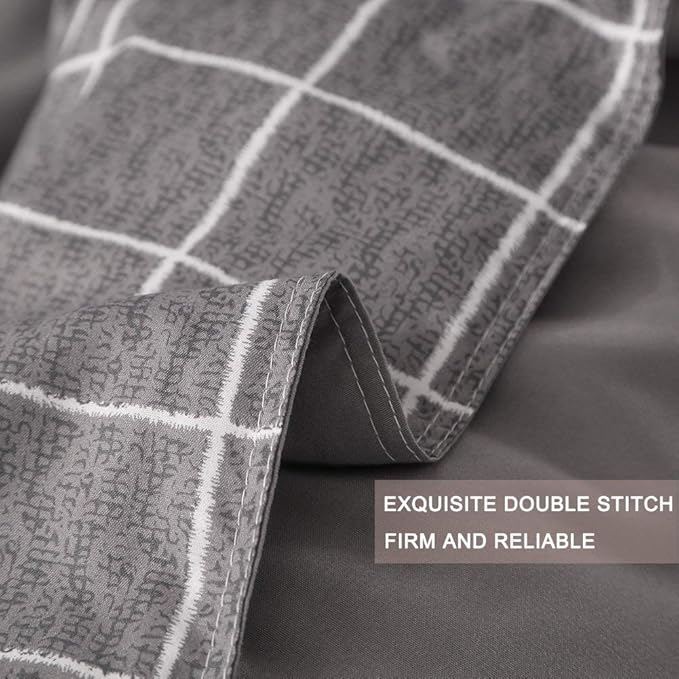 Nanko Duvet Cover Set Full Size Grey Grid, 80 x 90 3PC 1200 TC Luxury Microfiber Down Comforter Quilt Bedding Cover with Zipper Closure, Ties - Organic Modern Style for Men and Women, Gray Plaid