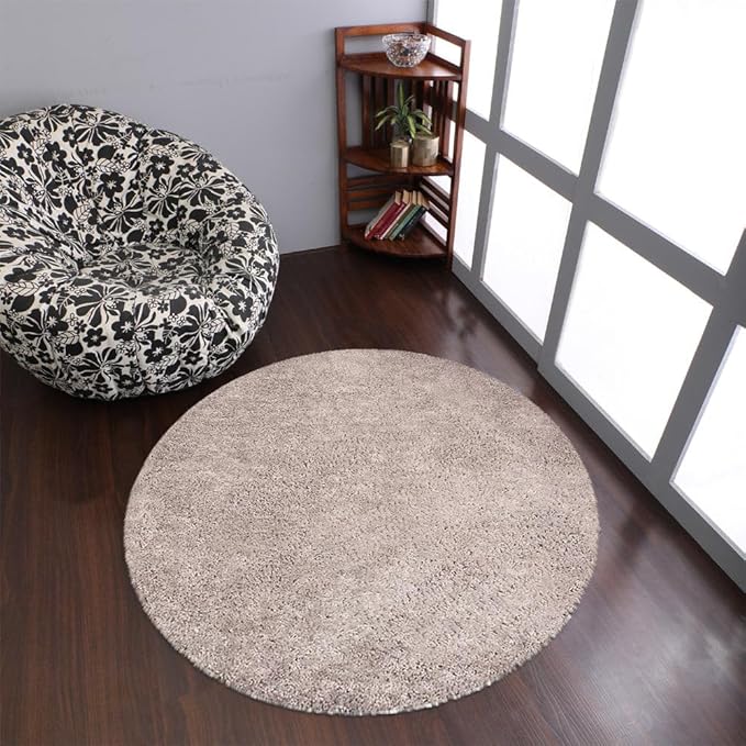 Rugsotic Carpets Hand Tufted Shag Polyester 10'x10' Round Area Rug Solid Ivory K00111