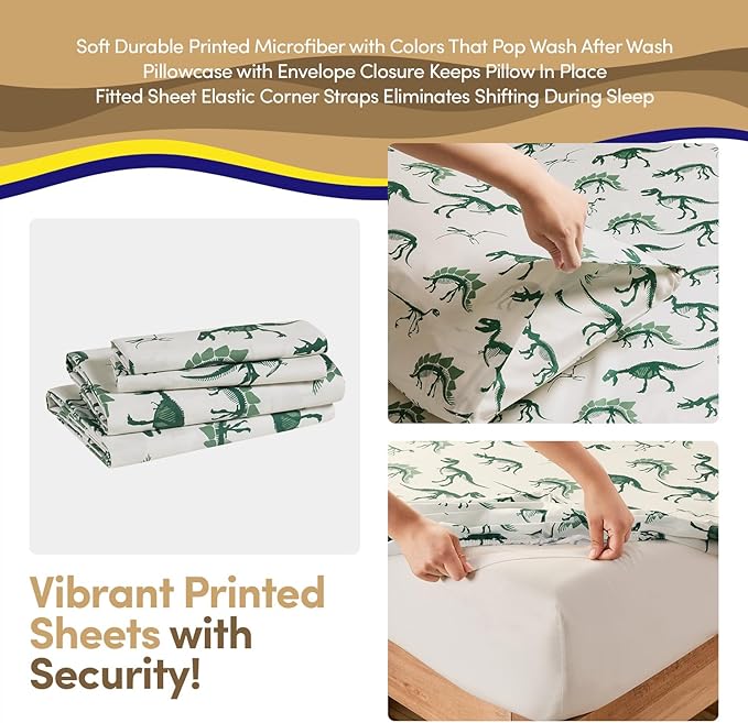 Full Size Kids Comforter Set - Dinosaur Embossed Bedding Set Bed in a Bag for Boys and Girls Toddlers Sheet Set and Comforter, Dinosaur Embossed