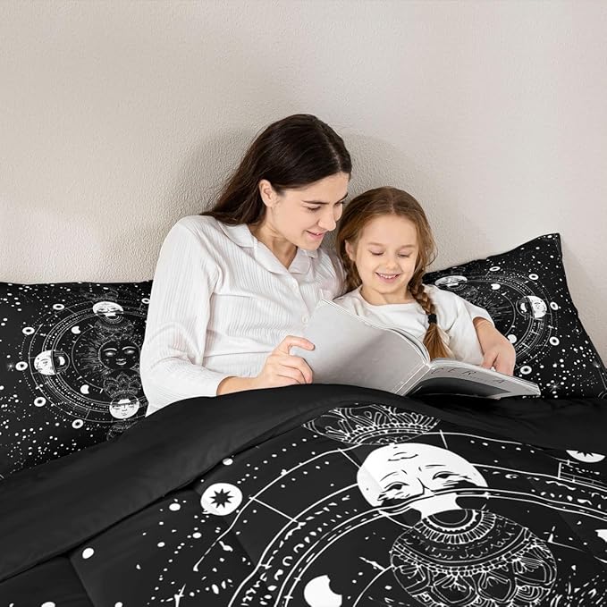 Sun and Moon Comforter Twin Size Black and White Psychedelic Constellation Comforter Set Boho Exotic Mandala Bedding Set Galaxy Astrology Space Duvet Set Soft Chic Mystic Star Room Decor Quilt Set