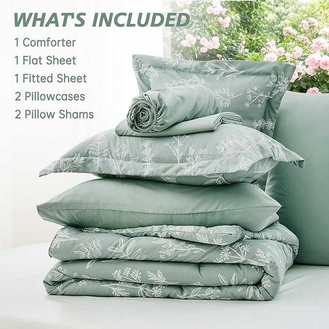 MUXHOMO Queen Comforter Set 7 Pieces, Sage Green Bed in a Bag Queen Reversible Botanical Flowers Design, Ultra Soft & Breathable Bedding Sets with Comforter, Sheets, Pillowcases & Shams