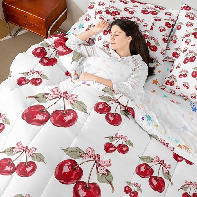 Feelyou Red Cherry King Comforter Set with Sheets for Kids Boys Girls Pink Bowknot 7 Pieces Bedding Set Cartoon Cherry Bed in a Bag Cute Bow Room Decor Soft Lightweight Microfiber