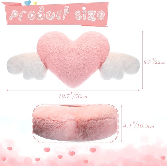 Macarrie 2 Pcs Plush Heart Shaped Pillow with Angel Wings Car Headrest Soft Comfortable Car Seat Pillow for Driving Travelling Room Office Car Decor, 19.7 x 8.3 Inch(Pink)