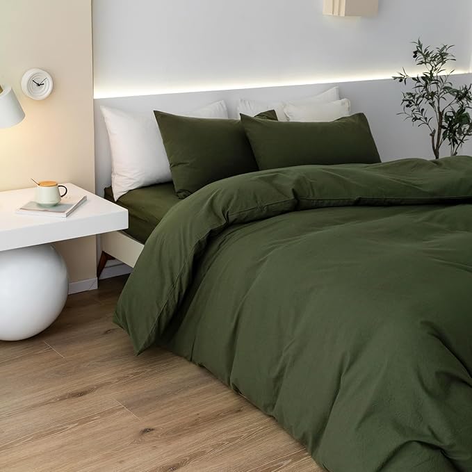 JIYUAN 100% Washed Cotton Duvet Cover Set 3 Pieces Alaska King, 1 Duvet Cover 132x120 Inches(Comforter Not Included) and 2 Pillowcases,Linen Feel Bedding Set Comfy and Breathable,Olive Green
