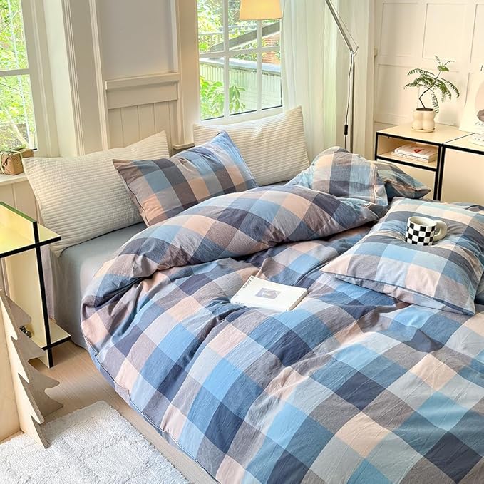 FACE TWO FACE Bedding Duvet Cover Set100% Washed Cotton Duvet Cover Linen Like Textured Breathable Durable Soft Comfy (Full, Cardamom Blue Grid)