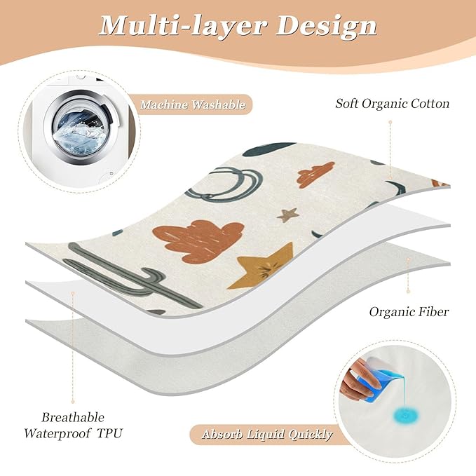 Waterproof Bed Pad Reusable Changing Pad Toddler Mattress Protector Large Pee Pad Baby Diaper Pad Soft Washable Liner Ivory Bull Cactus Western
