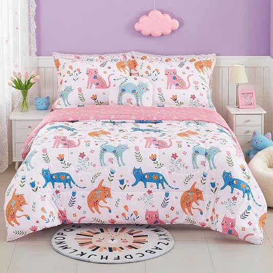 Mooreeke Kids Full Comforter Sets for Girls 8 Pieces Cute Cat Flower Bedding Set for Teens Microfiber Floral Kids Bed in A Bag with Comforter, Sheet Set, Shams and Decorative Toy Pillow All Season