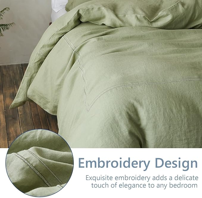 Simple&Opulence 100% Washed Linen Duvet Cover Set 68"x86" - 2 Pieces Soft Farmhouse Comforter Set Double Embroidered with Button Closure - 1 Duvet Cover and 1 Pillowsham (Sage Green, Twin)