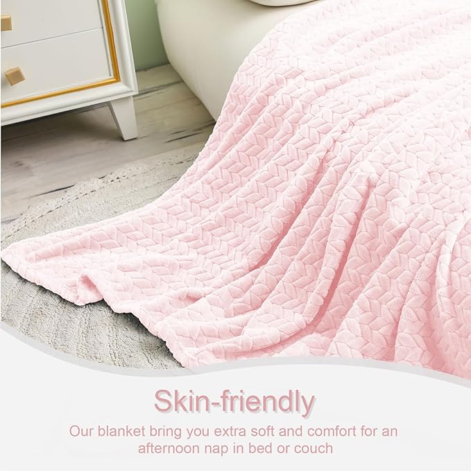 Exclusivo Mezcla Fleece Throw Blanket for Couch and Bed, 50x70 Inches Soft Cozy Jacquard Flannel Blankets, Lightweight Fuzzy Plush Warm Throws for Women, Light Pink