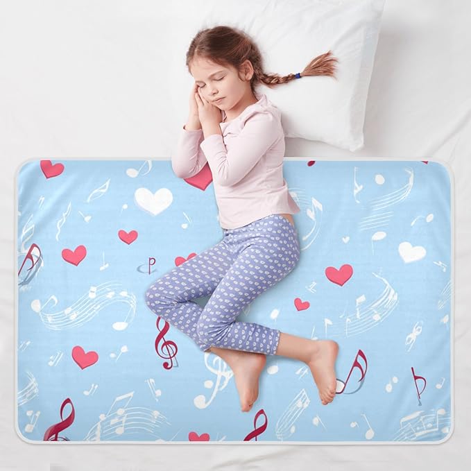 Waterproof Bed Pad Reusable Changing Pad Toddler Mattress Protector Large Pee Pad Baby Diaper Pad Soft Washable Liner Sky Blue Music Note and Hearts