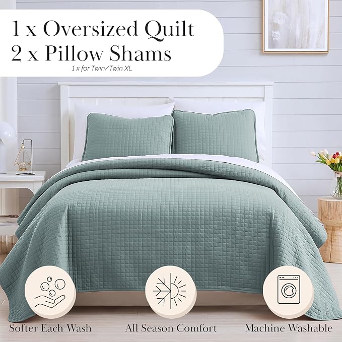 Southshore Fine Living, Inc. Twin Quilt Coverlet Bedding Set, Soft Brushed Microfiber Bedspread, Stain and Pet Hair Resistant Bedding, XL/Twin Blue Quilt Comforter Set with 1 Pillow Sham, Steel Blue