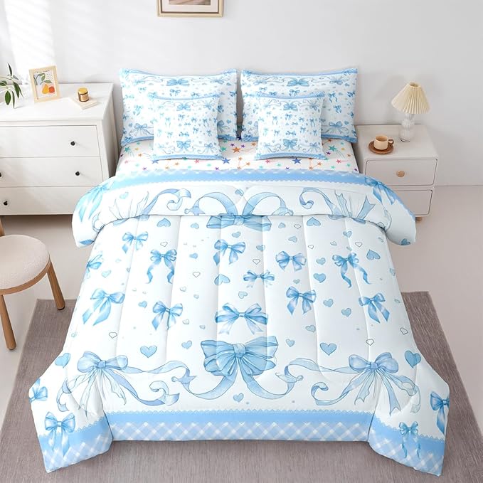 Feelyou Bowknot Full Comforter Set with Sheets for Kids Boys Girls Dreamy Princess 7 Pieces Bedding Set Cute Bow Bed in a Bag Love Hearts Room Decor Soft Lightweight Microfiber