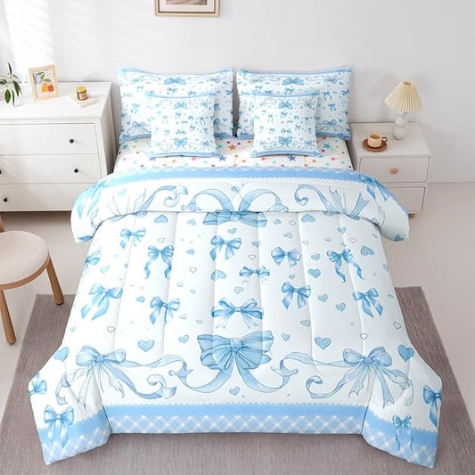 Feelyou Bowknot Full Comforter Set with Sheets for Kids Boys Girls Dreamy Princess 7 Pieces Bedding Set Cute Bow Bed in a Bag Love Hearts Room Decor Soft Lightweight Microfiber