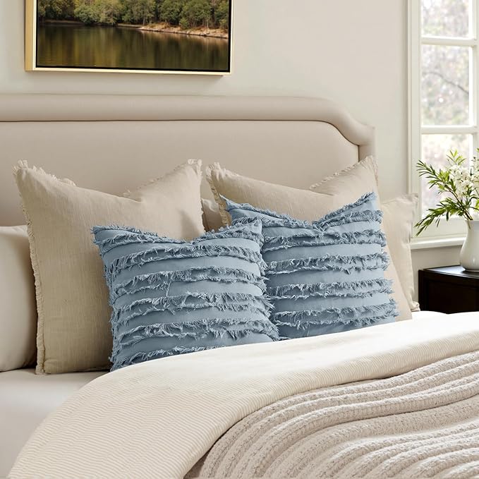 MIULEE Decorative Boho Throw Pillow Covers Set of 2 Blue Grey Linen Striped Jacquard Pattern Farmhouse Coastal Cushion Covers for Sofa Couch Living Room Bedroom 18x18 Inch Home Decor