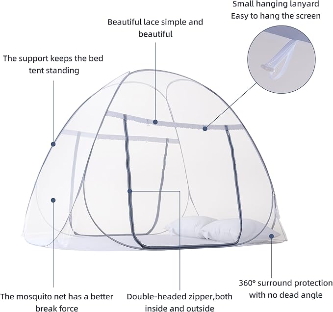 Pop-Up Mosquito Net Tent for Bed, Portable Folding Design Camping Travel Mosquito Tent with Net Bottom for Baby Adults, Easy to Install and Wash for Queen Size Bed 79 x 59 x 59 inch