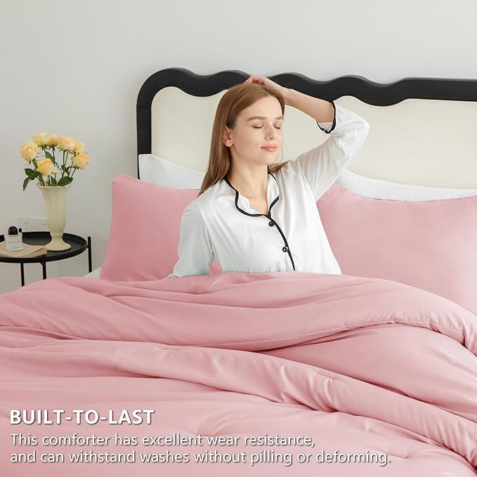 CozyLux Queen Comforter Set Pink, 3 Pieces Solid Queen Comforter Breathable Quilted Style Bedding Sets, Luxury Soft Bed Set with Down Alternative Comforter All Season (1 Comforter & 2 Pillowcases)