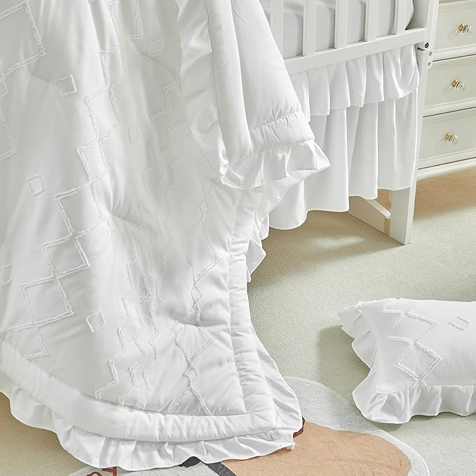 AIKASY The Ruffled Shabby Crib Bedding Set for Girls, Baby Quilted Comforter with Fitted Sheet, Bed Skirt, and Pillowcase（White）
