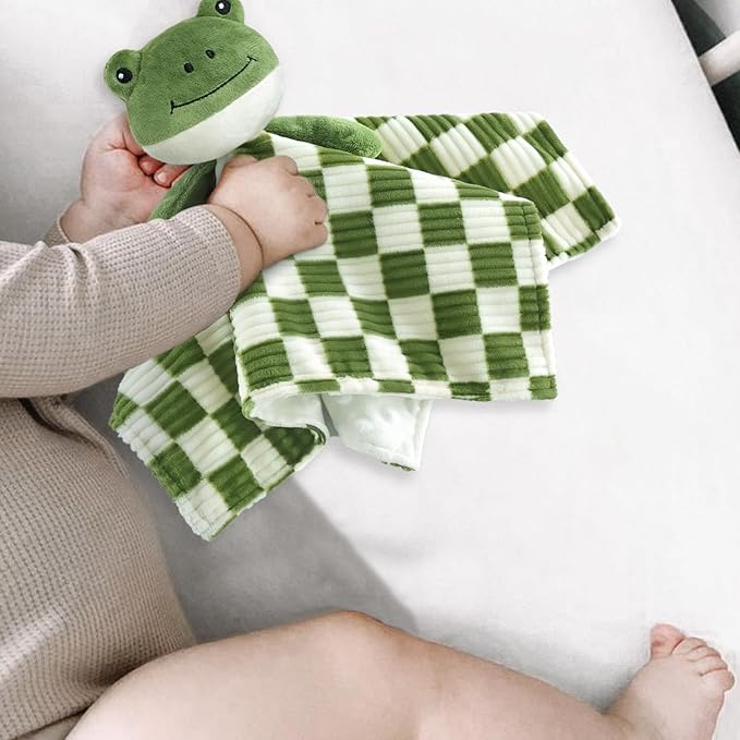 Baby Lovey Blanket for Boys Girls Super Soft Checkerboard Gingham with Minky Dot Fabric Backing Frog Stuffed Animal Lovely Snuggle Toy Green 14 Inch