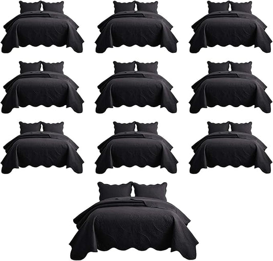 MOONLIGHT20015 10 Pack Twin Quilt Bedding Set (68" x 86") - Bulk Wholesale for Hotels, Guest Bedroom & Airbnbs - Lightweight Microfiber Reversible Floral Embossed Quilts Bedspreads (Black)