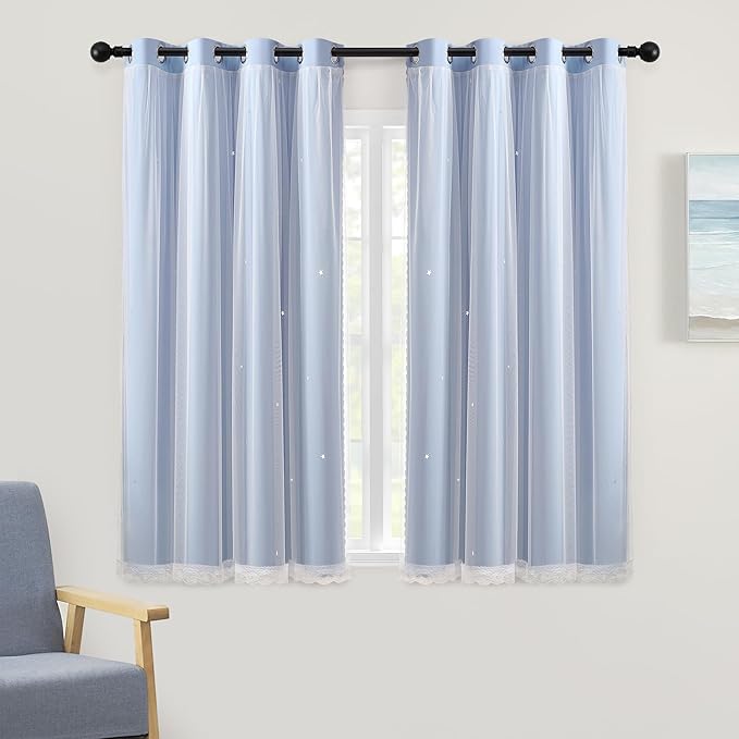 XiDi Light Blue Blackout Curtains for Girls Kids Bedroom Living Room 45 Inches Long 2 Panels Star Curtains Boys Room Darkening Thermal Insulated Drapes Grommet Noise Reduction Window Treatments 52x45