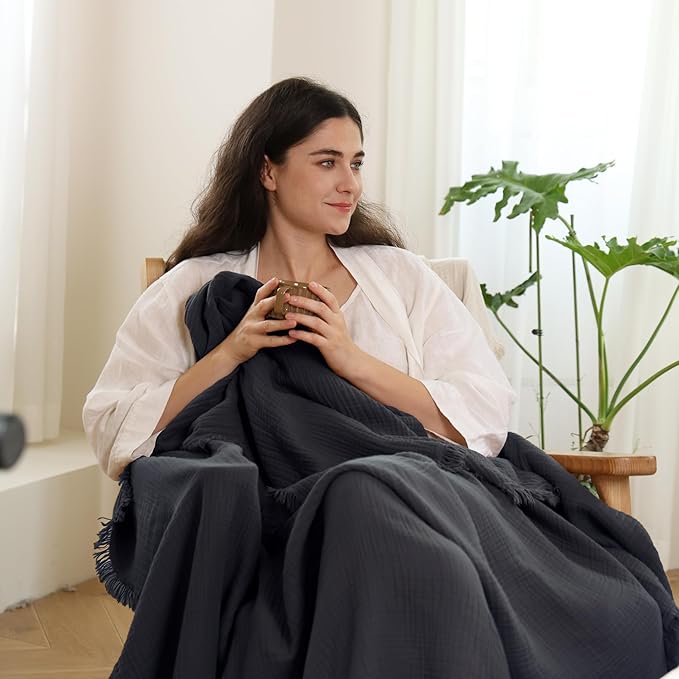 MooMee Muslin Blanket - 100% Cotton 4-Layer Gauze Throw Blanket with All-Around Fringe, Ultra-Soft Breathable Lightweight Cooling Decorative for Bed, Sofa & Couch (Dark Grey,Twin XL 66" x 90")