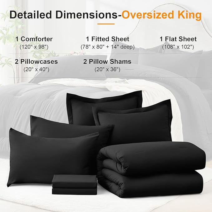 Oversized King Comforter Set 7 Pieces - Ultra-Soft Bed in a Bag, Cozy Luxury All Season Bedding Sets with Comforter, Flat Sheet, Fitted Sheet, 2 Pillow Shams & 2 Pillowcases, Black