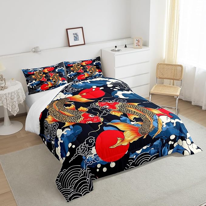 Feelyou Japanese Bedding Set Japanese Ukiyoe Fish Comforter Set for Kids Boys Girls Teens Decor Ocean Surfing Koi Comforter Exotic Quilt for All Season 3Pcs King Size with 2 Pillow Case