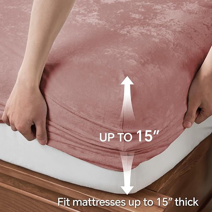 BEDELITE Velvet Fitted Sheet and Pillowcase Set, Luxury Soft Fuzzy Bottom Sheet with Reinforced Elastic Corner Straps, Deep Pocket up to 15 Inch, 1 Fitted Sheet and 1 Pillowcass (Twin XL, Dusty Pink)
