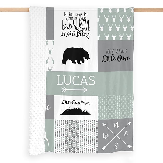 Baby Blanket with Name, Polyester Micro Soft Plush Baby Blankets for Boys with Print Animal Pattern and Soothing Raised Dots, Double Layer Bed Throws for Crib, Bear and Deer, Green, 35x45 Inches