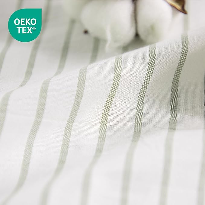 NEXHOME PRO Striped Duvet Cover Super King,100% Washed Cotton Bedding Set,Textured Linen Feel,Breathable,Organic,3 Piece(Green Stripes 108x98)