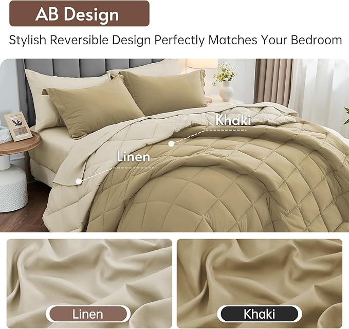MUXHOMO 5 Pieces Twin Comforter Set, Reversible Bed in a Bag Twin Size, All Season Bedding Set with Comforter, Flat Sheet, Fitted Sheet, Pillowcases & Shams, Khaki & Linen