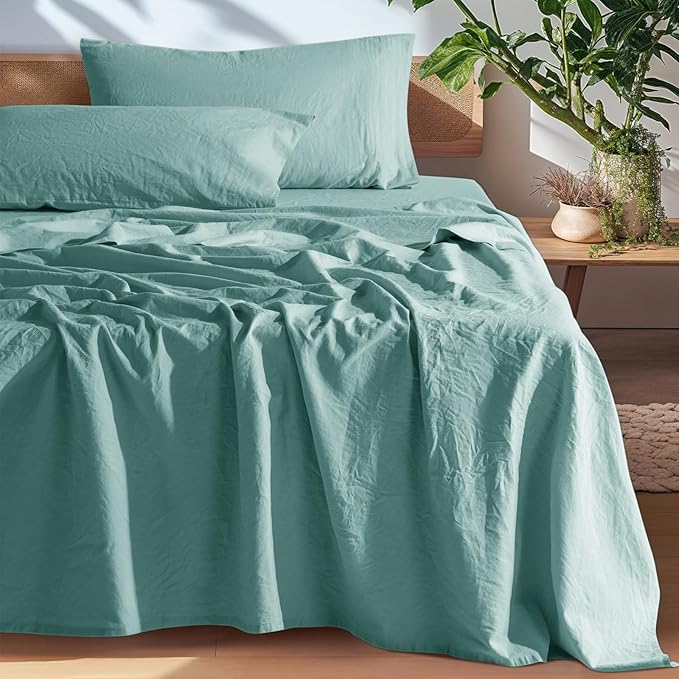SONORO KATE 100% French Pure Linen Sheets, Breathable and Durable Linen Full Size Sheets, Anti-Tear Linen Bed Sheets, Machine Washable, 16 Inch Deep Pocket - 4 Piece (Aqua, Full)