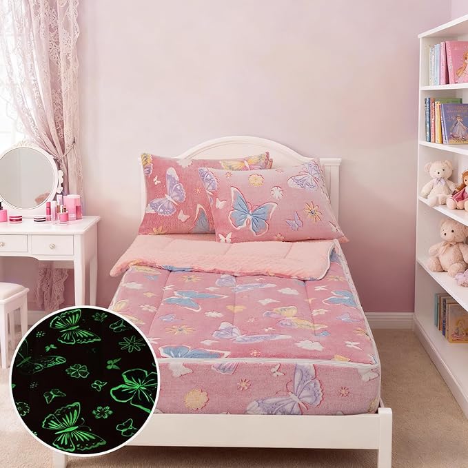 A Nice Night Colorful Butterfy Plush Zippered Comforter Set,Zipper Bedding Glow in The Dark for Child, Twin
