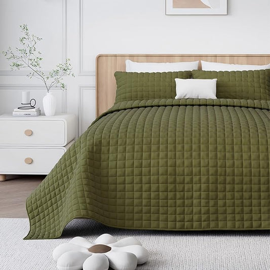 Luxury Velvet Quilt Set King Size, Comforter Set with Pillow Shams, Soft Lightweight Bedspread Coverlet Bedding Sets for All Seasons, Dark Green