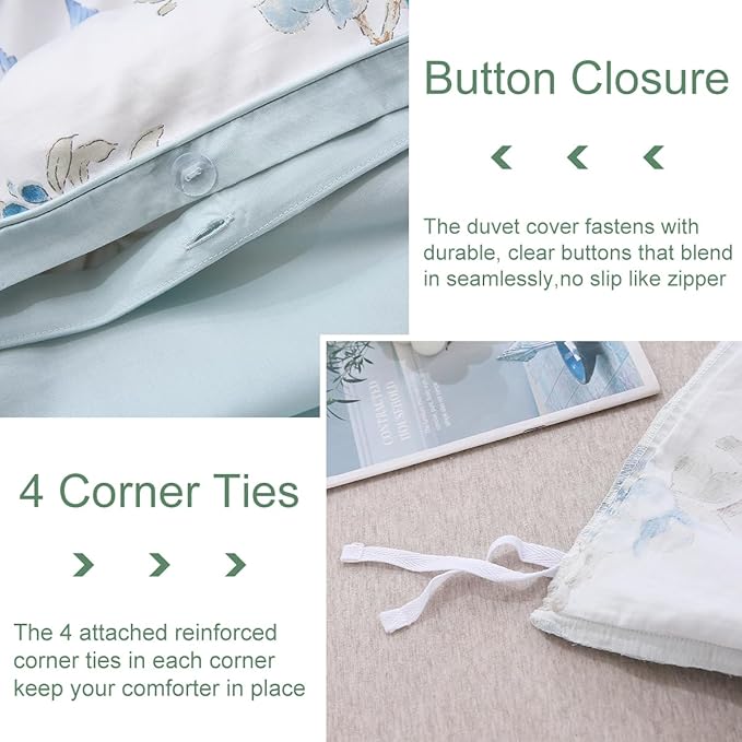 URBONUR Blue Floral Duvet Cover Set King Size 3 Pieces, 100% Cotton Duvet Cover with 2 Pillowcases, Soft & Breathable Bedding Sets with Button Corner Ties