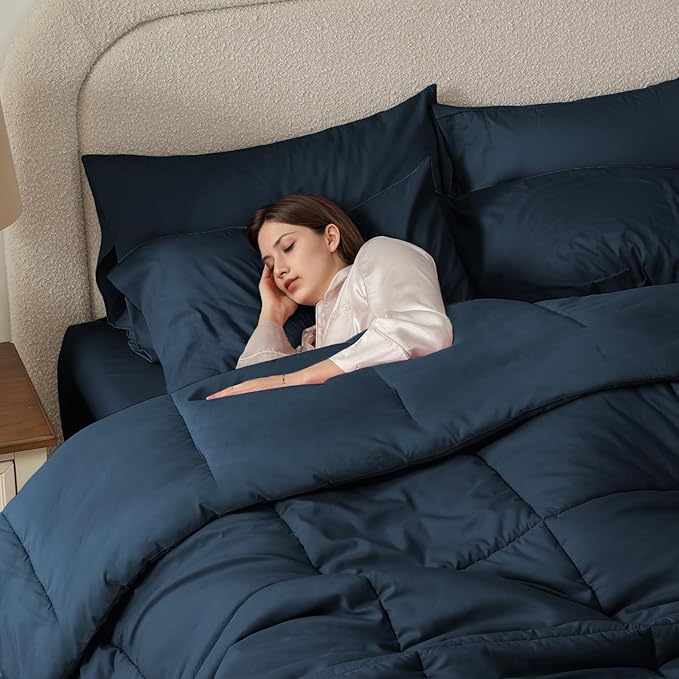Anluoer Twin Size Bed in a Bag 5 Pieces, Navy Blue Bed Comforter Set with Sheets, All Season Bedding Sets with 1 Comforter, 1 Pillow Sham, 1 Pillowcase, 1 Flat Sheet, 1 Fitted Sheet