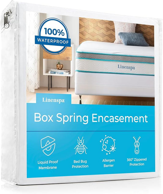Linenspa Box Spring Encasement – Queen Size Box Spring Cover – Zippered and Waterproof Protector, Complete Protection – White