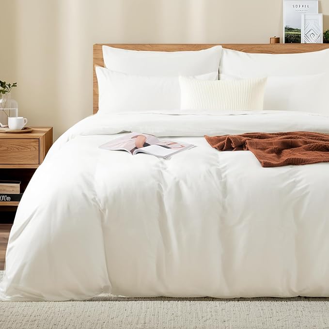 NEXHOME PRO Twin Duvet Cover Set – 100% Certified Organic Cotton with Washed Feel & Linen-Like Texture, Comfortable & Breathable, Home Bedding Set Bright White (No Comforter) 6890