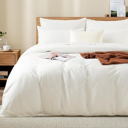 NEXHOME PRO Queen Duvet Cover Set – 100% Certified Organic Cotton with Washed Feel & Linen-Like Texture, Comfortable & Breathable, Home Bedding Set Bright White (No Comforter) 9090