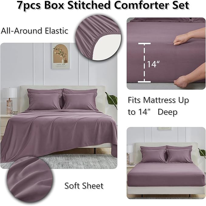 CozyLux King Size Comforter Set Dusty Purple - 7 Pieces Bed in a Bag King, Okeo-Tex Certifited Bedding Set, All Season Soft Bed Set with Down Alternative Comforter, Sheets, Pillowcases & Pillow Shams