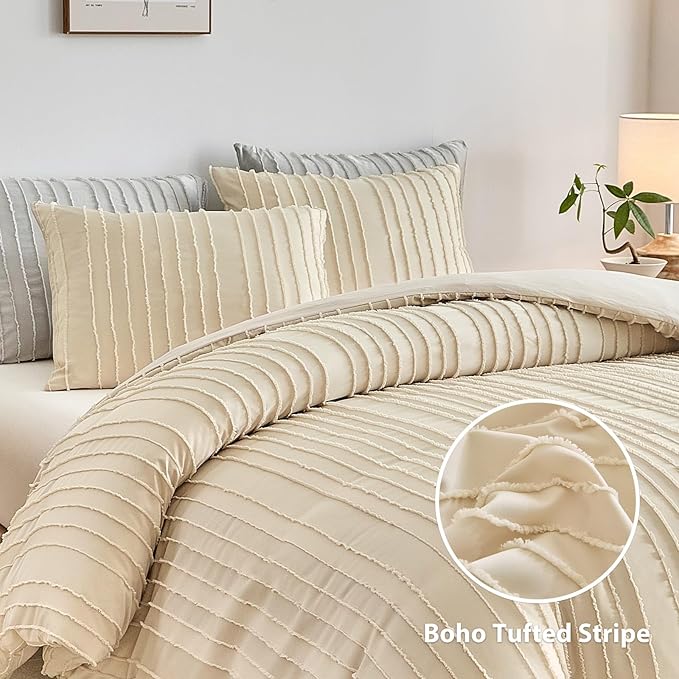 WARMDERN Khaki Boho Duvet Cover Set Full Size, Striped Textured Tufted Bedding Set, 3 Pcs Ultra Soft Washed Microfiber With Zipper Closure (Full, Khaki)