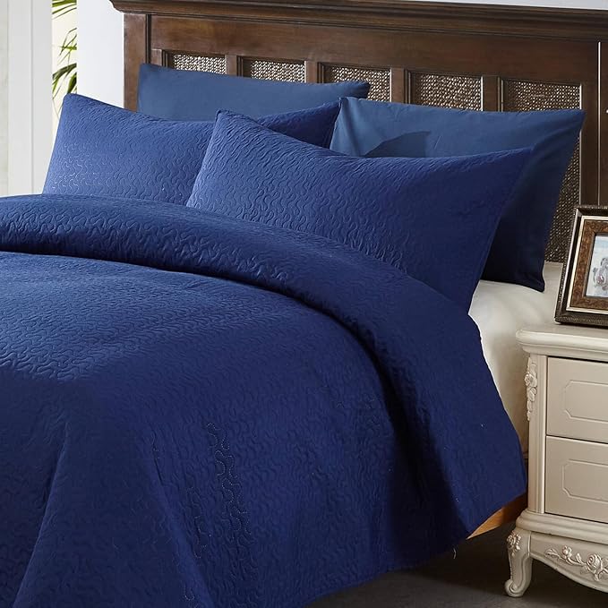 JML Quilts Set, Bedspread Coverlet Set with Pillowcases - 3 Piece Soft and Lightweight Bed Quilt for Spring, Autumn and Summer (Embossed Stripe - Navy, King(92"x104"))